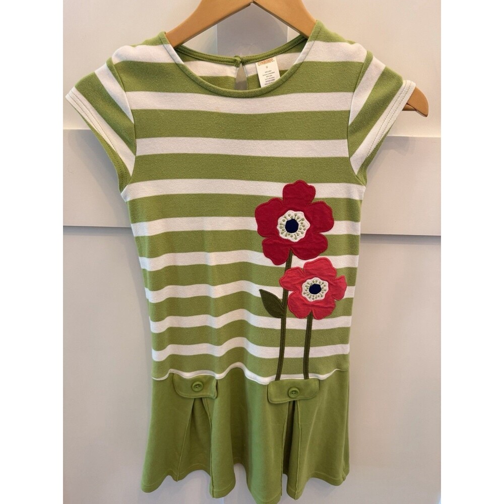Girls Gymboree Green Blooming Nautical Cotton Stripe Poppy Pleated Dress Size 9
